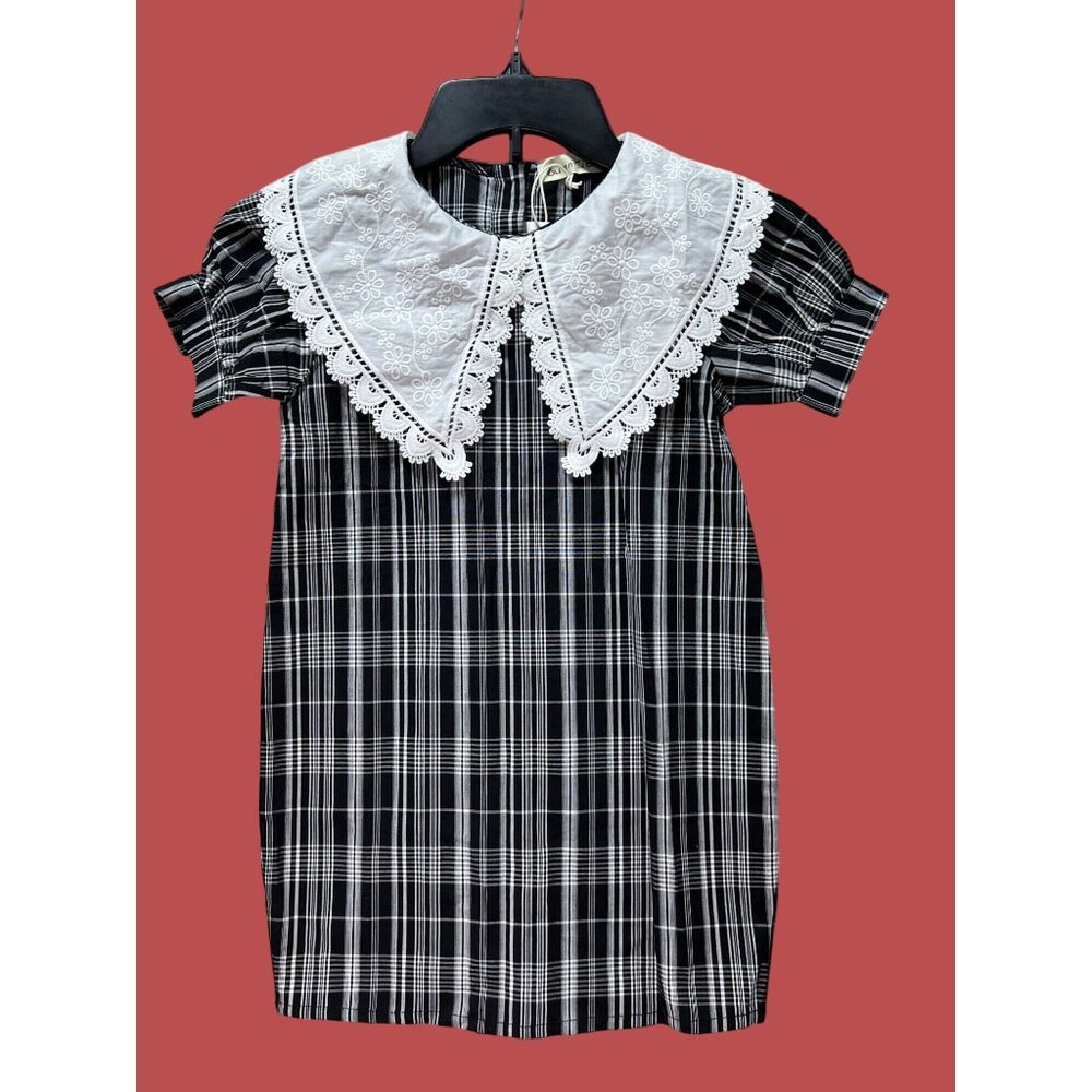 Quiansili - Girls Plaid Button Down Dresses Short Sleeve Peter Pan Collar - 5T